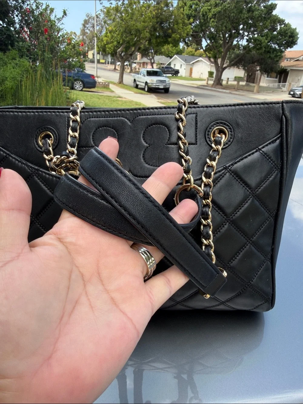 Tory Burch Savannah Tote featuring a prominent embossed double-T & Gold Chain